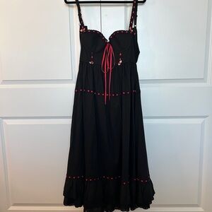 Black Kitteny Midi Dress with Red Trim